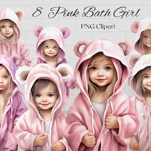 Petite fille en rose peignoir Clipart 8 fichiers PNG aquarelle enfants mignons Clipart salle de bain Illustration - téléchargement numérique