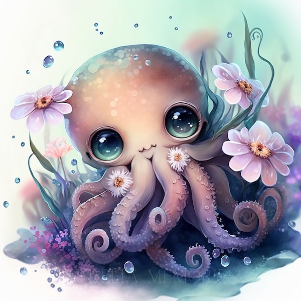 Squid Watercolor Clipart Underwater World Watercolor Art Baby Octopus Watercolor Cute Baby Animal Octopus Watercolor Clipart -DIGITAL DOWNLOAD