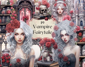 Aquarelle Vampire Fairy Tale Clipart 19 PNG Fichiers Halloween Clipart Fantasy Illustration Vampire Girl Skull Junk Journal Scrapbooking