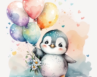 Penguin Watercolor Clipart Nursery Decor Penguin with Balloon Watercolor Cute Baby Animal Penguin Watercolor Clipart -DIGITAL DOWNLOAD