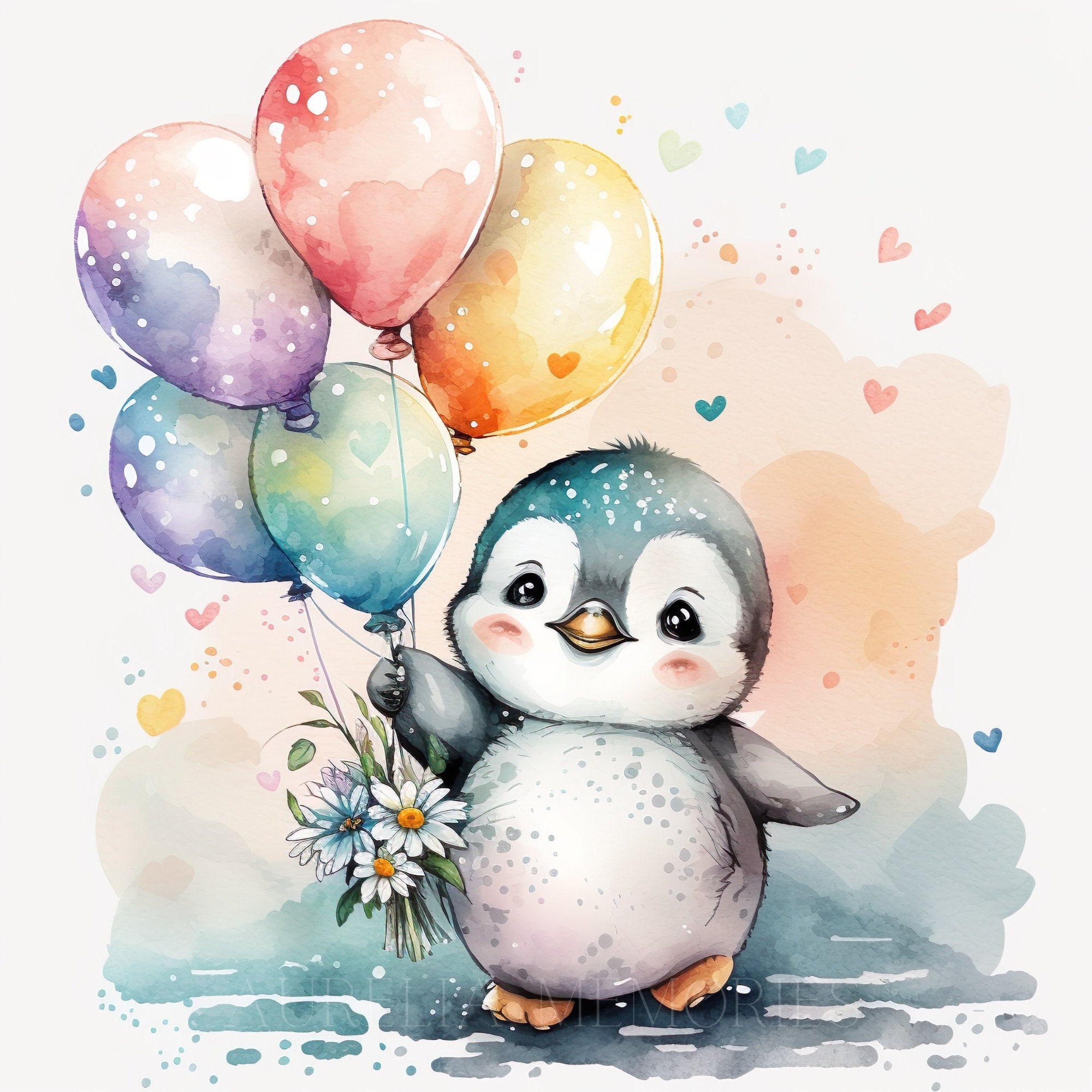 Niedlicher Pinguin hält roten Luftballon, Süßes Kinder Pinguine Liebe Motiv  Stock Vector