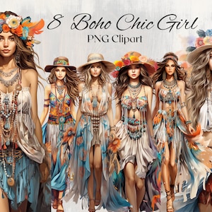 Może przedstawiać: Osiem cyfrowych ilustracji kobiet w ubraniach w stylu boho chic. Każda kobieta ma długie włosy, inną fryzurę i nosi różne ozdoby, w tym naszyjniki, bransoletki i kolczyki. Kobiety noszą różne style sukienek, spódnic i bluzek. Tło to biała faktura drewna.