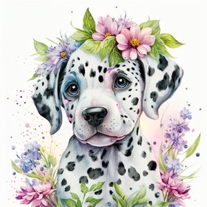Può includere: Un cucciolo di dalmata con macchie bianche e nere che indossa una corona di fiori con fiori rosa e viola. Il cucciolo guarda la telecamera con un'espressione dolce. Lo sfondo è un acquerello rosa e blu.
