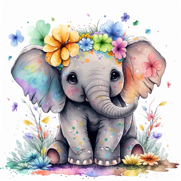 Elephant Watercolor Clipart Nursery Decor Baby Elephant Colorful Watercolor Cute Baby Animal Watercolor Clipart Rainbow -DIGITAL DOWNLOAD