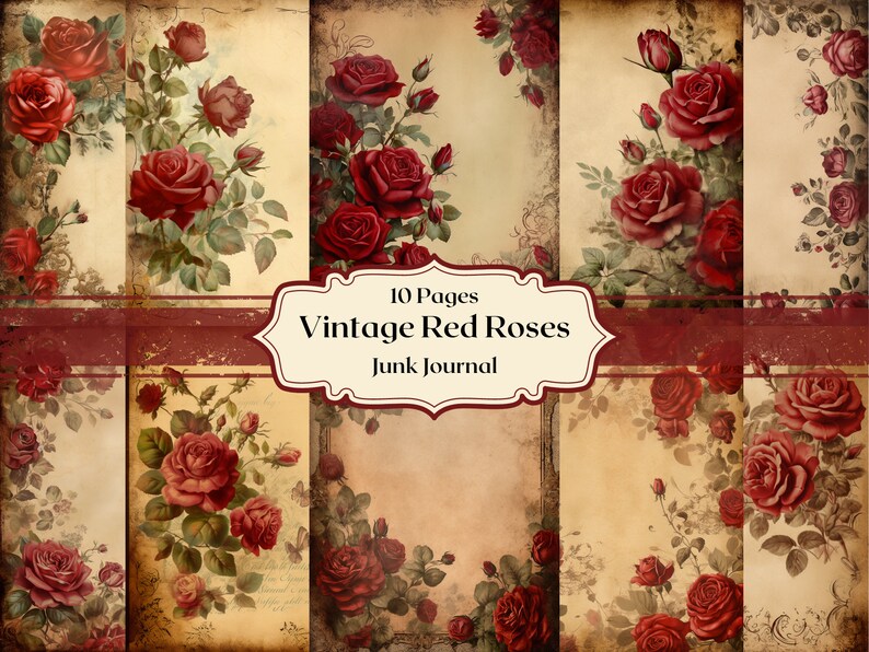 Vintage Red Roses Digital Paper Red Roses Scrapbooking Old Paper Junk ...
