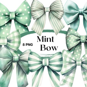 May include: Eight watercolor illustrations of mint green bows with different patterns, including polka dots, stripes, and gingham. The text "Mint Bow" is written in black on a white background.