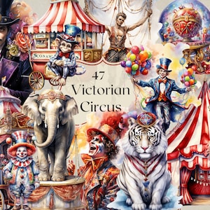 Cirque victorien Clipart 47 PNG fichiers aquarelle cirque Clipart tigre éléphant Vintage Illustration Clown Junk Journal Scrapbooking