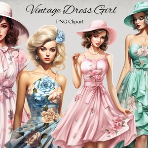 Vintage vestido mujeres clipart 15 archivos PNG acuarela romántico clipart dama con vestido vintage ilustración de moda diario basura álbum de recortes