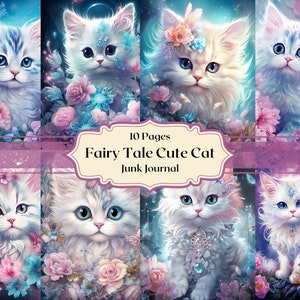 Fairy Tale Cute Cat Digital Paper Watercolor White Cat Scrapbooking Fantasy Junk Journal Paper Sweet Baby Kitten Ephemera