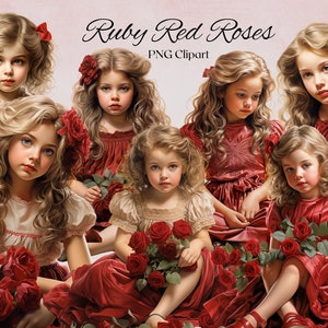 Peut inclure: Six jeunes filles en robes rouges avec de longues cheveux bouclés tiennent des bouquets de roses rouge rubis. Les filles sont assises sur un fond rose avec le texte "Ruby Red Roses PNG Clipart" au-dessus d'elles.