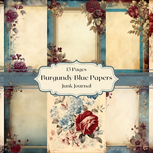 Elegante Borgoña, crema azul dorado papel digital Victoriano vintage marco floral papel de álbum de recortes Marco antiguo papel de diario basura