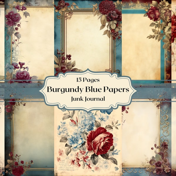 Elegant Burgundy, Gold Blue Cream Digital Paper Victorian Vintage Floral Frame Scrapbook Paper Antique Frame Junk Journal Paper