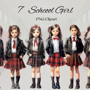 女子高生水彩クリップアート 7 PNG ファイルかわいい黒赤制服ガールズ ファッション イラスト クリップアート バンドル - デジタル ダウンロード