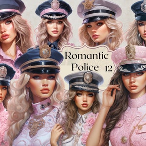 Mujer policía romántica Clipart 12 archivos PNG acuarela policía clipart ilustración vintage moda chica basura diario scrapbooking