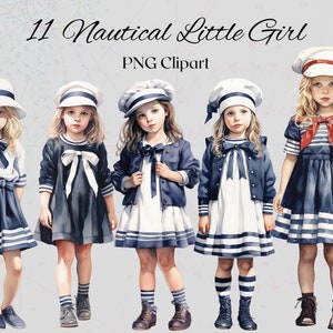 Nautisches kleines Mädchen Clipart Vintage Aquarell 11 PNG Dateien Anker Sommer Blau Weiß Streifen Mode Clipart Bundle -DIGITAL DOWNLOAD