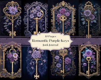 Romantic gold keys with purple roses digital paper purple flowers scrapbook paper rococo junk journal paper keys in frame