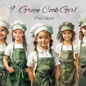 Cute Little Chef clipart 9 plików PNG akwarela dziewczyna szefa kuchni z zielonym fartuchem gotowanie clipartów pieczenie ilustracja-pobranie cyfrowe