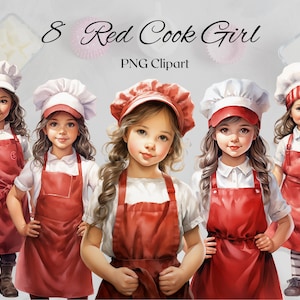 Cute Little Chef clipart 8 plików PNG akwarela szef kuchni dziewczyna z czerwonym fartuchem gotowanie clipartów pieczenie ilustracja-cyfrowe pobranie