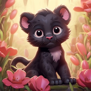 Black Panther Clipart Nursery Decor Baby Panther Cute Baby Animal Flowers Clipart Wall Decor Panther Illustration - DIGITAL DOWNLOAD