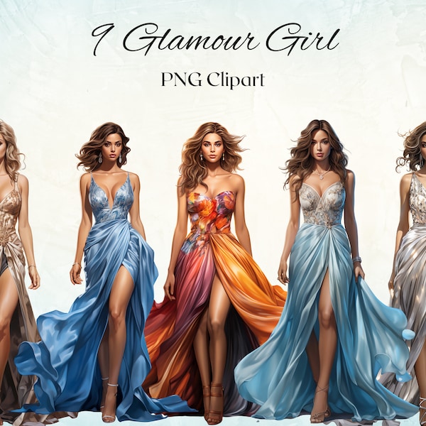 Fashion Women Glamor Watercolor Clipart 8 PNG files Women with Glamorous Evening Dress Fashion Clipart Fashion -DIGITAL DOWNLOAD