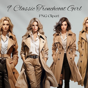 Moda donna Trench Coat acquerello Clipart 9 file PNG donne con classico Trench Coat moda Clipart moda illustrazione-DIGITAL DOWNLOAD