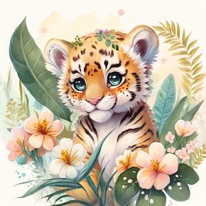 Tiger Watercolor Clipart Nursery Decor Baby Tiger Watercolor Cute Baby Animal Flowers Watercolor Clipart Wall Decor -DIGITAL DOWNLOAD