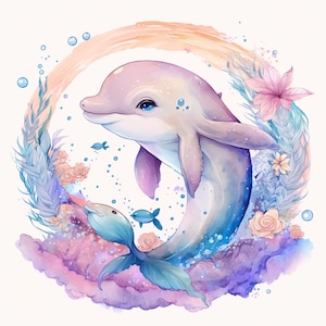 Dolphin Watercolor Clipart Underwater World Watercolor Art Baby Dolphin Watercolor Cute Baby Animal Dolphin Watercolor Clipart -DIGITAL DOWNLOAD