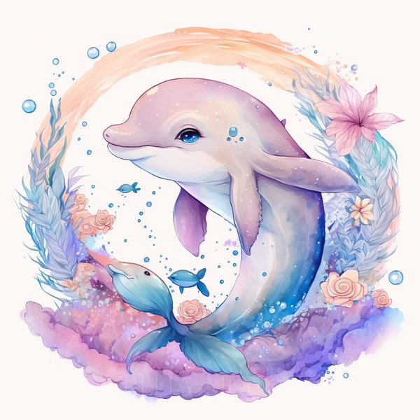 Delfin Aquarell Clipart Unterwasserwelt Aquarell Kunst Baby Delfin Aquarell Süßes Baby Tier Delfin Watercolor Clipart -DIGITAL DOWNLOAD