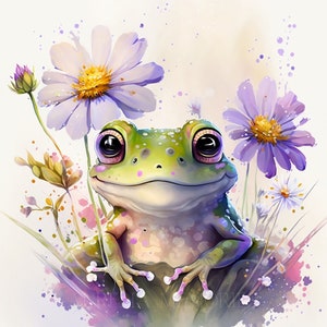 Frosch Aquarell Clipart Kinderzimmer Dekor Frosch Aquarell Süßes Tier Blumen Watercolor Clipart Wanddeko Splash Art - DIGITAL DOWNLOAD