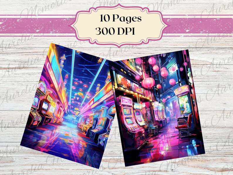 Retro Neon Arcade Digital Paper Printable Watercolor Arcade Paper