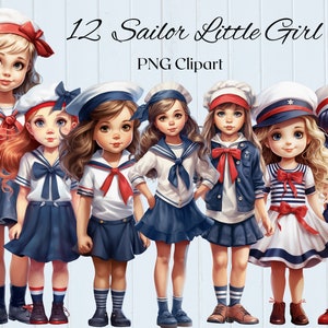 Marin petite fille Clipart aquarelle 12 fichiers PNG nautique fille ancre été bleu blanc rayures Clipart Bundle - téléchargement numérique