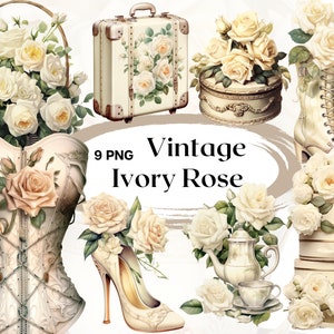 Aquarelle Vintage Ivoire Roses Clipart 9 PNG fichiers Vintage mariage Clipart Roses Illustration valise Corset chaussures-téléchargement numérique