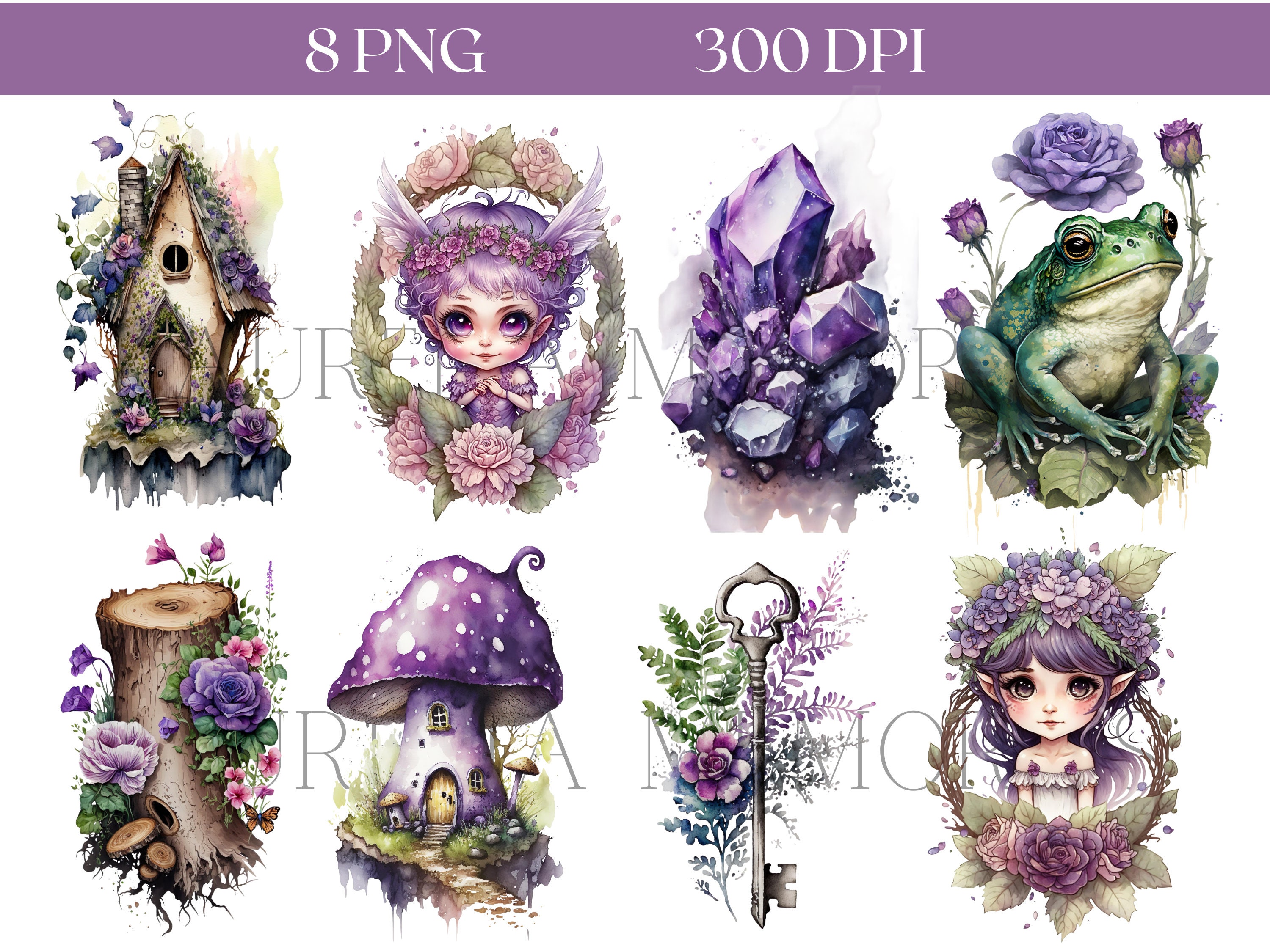 Watercolor Purple Pixie Clipart 8 PNG Files Amethyst Fairy Fantasy ...