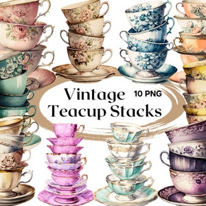 Watercolor Vintage Teacup Clipart 10 PNG Files Antique Tea Time Clipart Watercolor Shabby Chic Vintage Clipart -DIGITAL DOWNLOAD