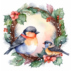 Birds Watercolor Clipart Christmas Birds Wintery Birds Watercolor Christmas Wreath with Birds Cute Christmas Card -DIGITAL DOWNLOAD