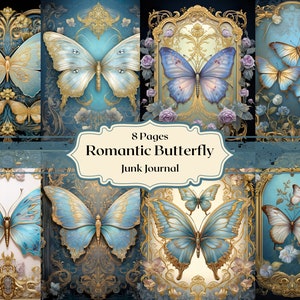 Romantische vlinders Digitaal papier Pastelblauwe vlinders Achtergronden Plakboekpapier Rococo Junk Journal Fantasy Journal