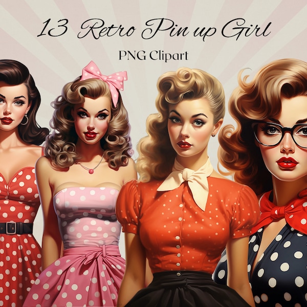Pin up Retro Girls Clipart 13 PNG Files Watercolor Pin up Women with Polka Dot Vintage Clipart Fashion Illustration - DIGITAL DOWNLOAD