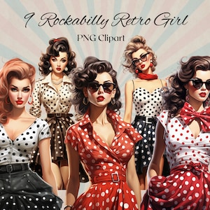 Pin up Rockabilly retrò donne Clipart 9 file PNG acquerello Pin up donne con Polka Dot Vintage Clipart moda retrò anni '50 - DOWNLOAD DIGITALE