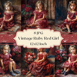 May include: A digital collage of eight images featuring a young girl in a red dress with a floral pattern, sitting amidst red roses. The images are arranged in a grid format with a vintage-style banner at the bottom that reads "8 JPG Vintage Ruby Red Girl 12x12 Inch".