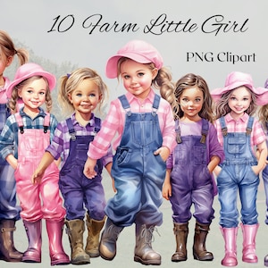 Ferme petite fille Clipart aquarelle 10 fichiers PNG ferme Clipart fille ferme Style Illustration Clipart Bundle - téléchargement numérique