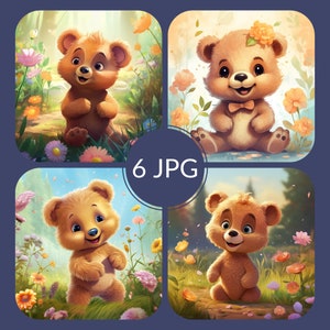 Teddybeer Clipart 6 JPG Kwekerij Decor Baby Bear Cute Baby Animal Floral Clipart Wall Decor Bear Illustratie - DIGITALE DOWNLOAD