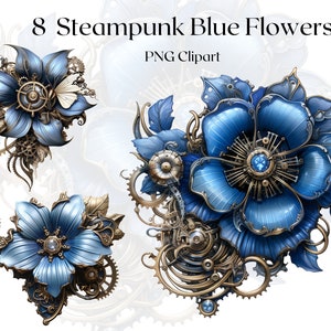 Steampunk Blue Flowers Clipart 8 PNG Files Blue Flowers Clipart Steampunk Illustration Fantasy Clipart Bundle Ephemera -DIGITAL DOWNLOAD