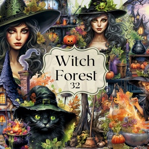Sorcière forêt aquarelle Clipart 32 fichiers PNG Fantasy Clipart Illustration magique sorcière Clipart sorcière à base de plantes chat noir Journal Scrapbooking