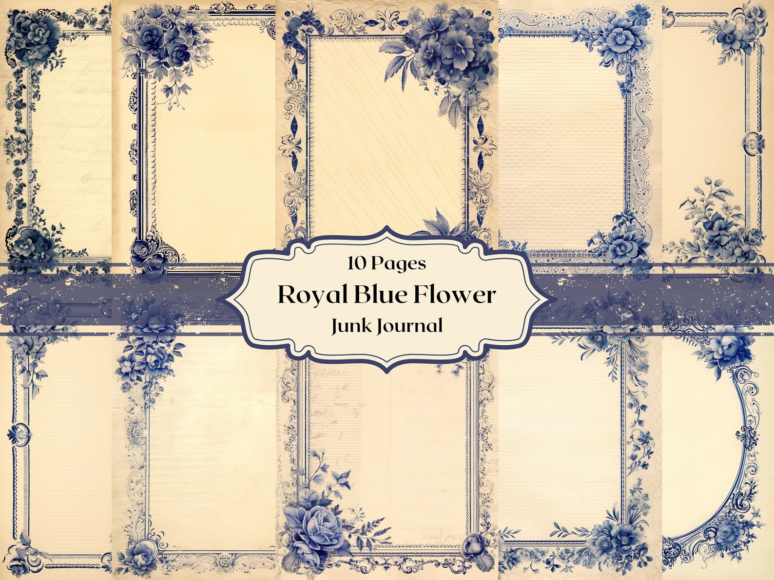 Vintage Azure Floral Frame Digital Paper Antique Old Floral Art