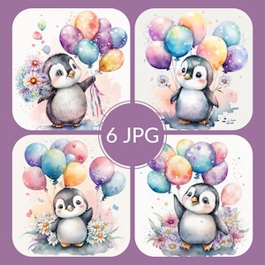Pinguin Aquarell Clipart 6 JPG Kinderzimmer Dekor Pinguin mit Luftballon Aquarell Süßes Baby Tier Geburtstag Watercolor -DIGITAL DOWNLOAD