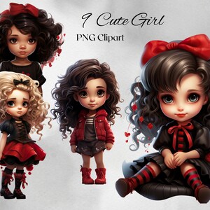 Niedliche kleine Mädchen Clipart 9 PNG Dateien Mädchen mit schwarz rotem Kleid Kinder Clipart Illustration Clipart Bundle -DIGITAL DOWNLOAD