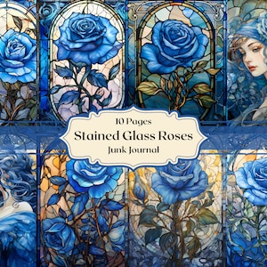 Buntglas blaue Rosen digitales Papier Buntglas Scrapbooking Papier Rosen Junk Journal Papier Blumen Hintergründe Ephemera