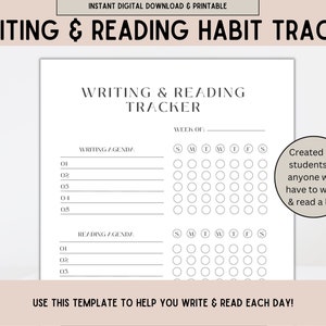May include: Printable black and white writing and reading habit tracker with a weekly calendar, agenda sections, and a note that says "Created for students or anyone who have to write & read a lot!"
