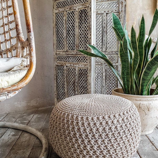Pattern crochet pouf cover from cord or T-shirt Yarn, round pouf with beautiful embossed details. Removable cover. LaceMosaic
