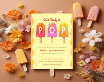Zaproszenie na baby shower w kształcie lodów na patyku: edytowalny motyw letni (do pobrania cyfrowego)